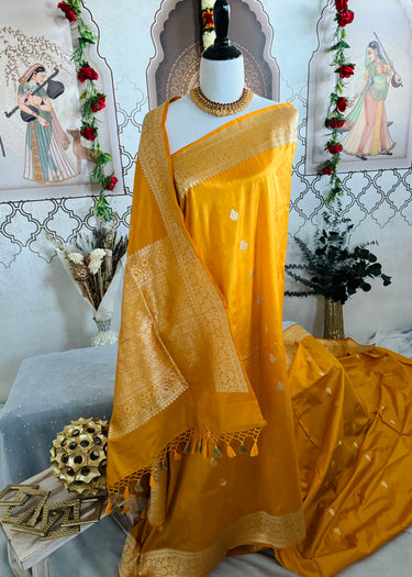 Banarasi Katan Silk Saree | Kadwa weave | Yellow | Handwoven | Silk Mark Certified | Ships from California